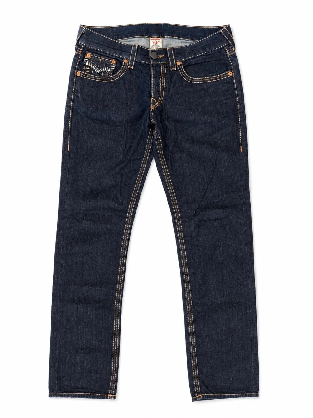 True Religion Men's Indigo Straight Leg Jeans with Contrast Stitching